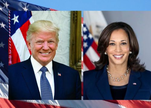 trump vs harris american flag background